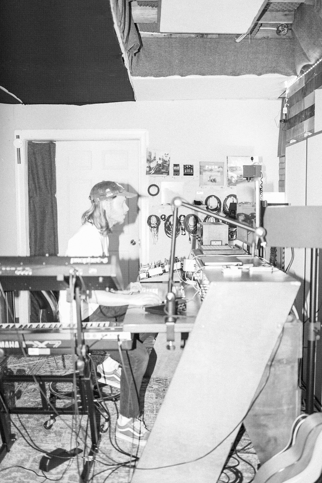 Vintage television studio set with cameras and lighting rigs used for filming commercials